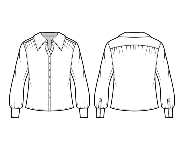 Ilustración técnica de la moda de la camisa con el cuerpo sobredimensionado, sujeciones ocultas del botón a lo largo del frente, volantes delicados
 - Vector, imagen