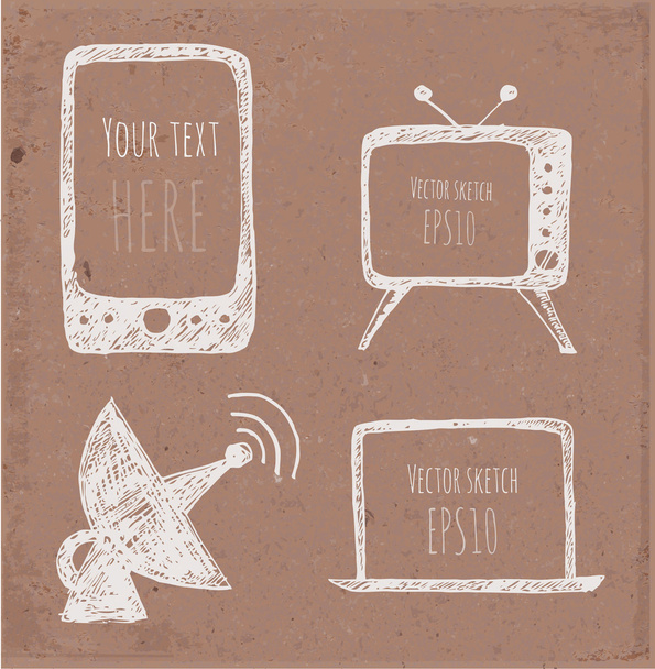 Sketches of mobile phone, TV set, antenna and notebook. - Vektor, Bild