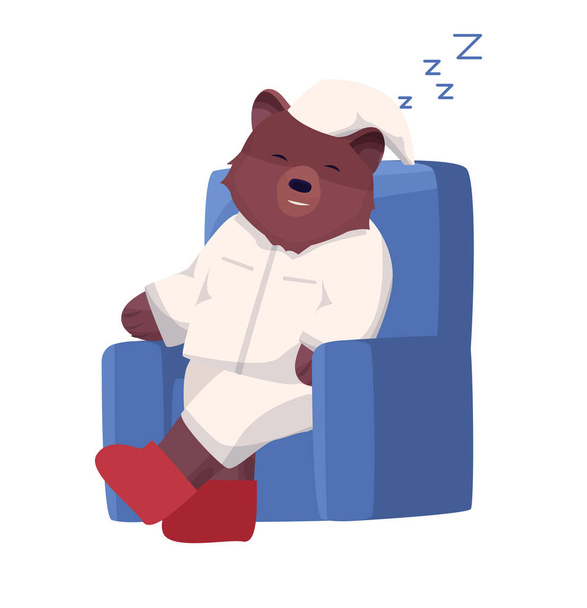 Personagem urso marrom em pijama dormindo ou relaxando em uma cadeira
. - Vetor, Imagem
