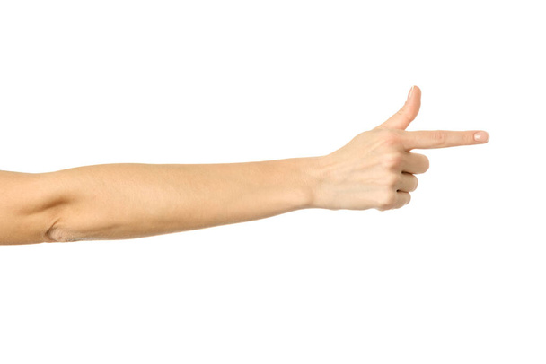 Puntare a destra. Mano donna con manicure francese gesticolare isolata su sfondo bianco. Parte della serie - Foto, immagini