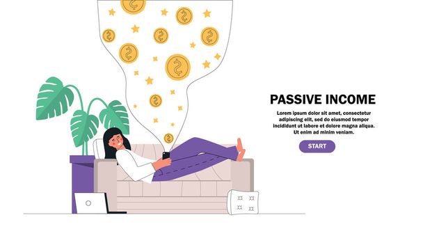 Nuori tyttö lepää, makaa sohvalla pitäen mobiili tehdä rahaa verkossa. Passiiviset tulot, investoinnit, rahoitussäästöt, freelance, etätyö bannerin. - Vektori, kuva