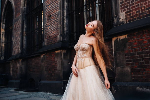 A bride in a wedding dress with long hair in the old town of Wroclaw. Wedding photo shoot in the center of an ancient city in Poland.Wroclaw, Poland. - Photo, Image
