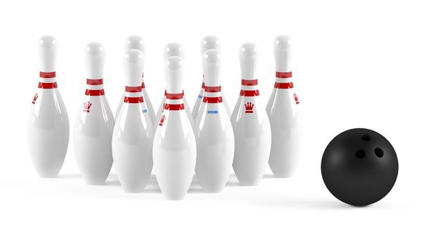 Skittles met bowling bal geïsoleerd - Foto, afbeelding