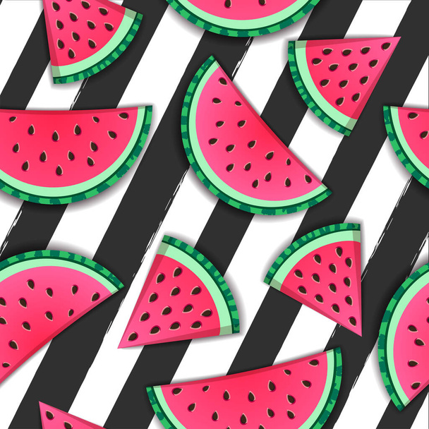 Seamless pattern with watermelon slices on striped black and white background. Vector illustration. Watermelon summer background - Вектор,изображение