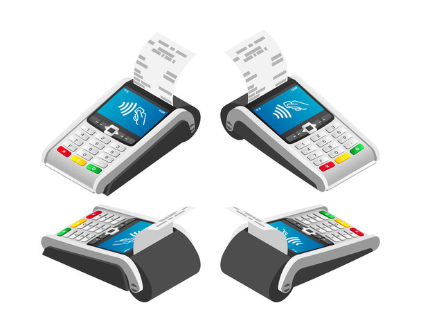Terminal de punto de venta de pagos electrónicos isométricos con juego de recibos. Terminal de pago inalámbrico NFC 3d con cheque, aislado en blanco. Pagos sin efectivo, concepto de compras en línea. Ilustración vectorial para web, aplicación, adv
. - Vector, imagen
