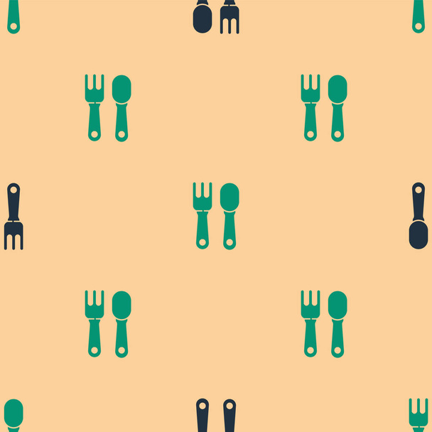 Green and black Fork and spoon icon isolated seamless pattern on beige background. Cooking utensil. Cutlery sign.  Vector Illustration. - Vector, Image