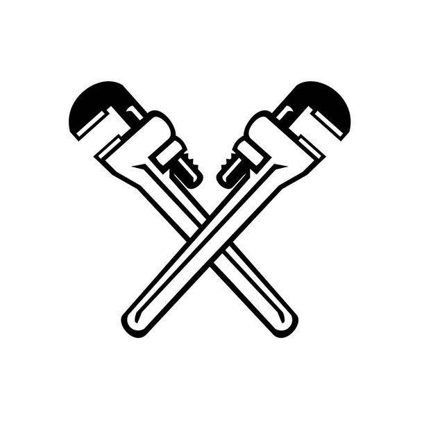 Black and white illustration of a crossed adjustable pipe wrench or monkey wrench viewed from the side on isolated white background done in retro style.  - Vector, Image
