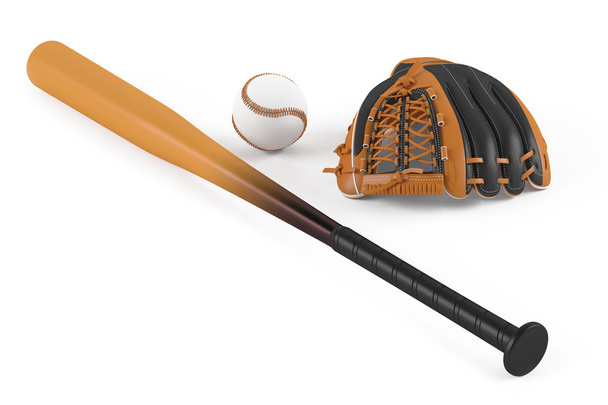 Baseball bat and leather glove isolated - Photo, Image
