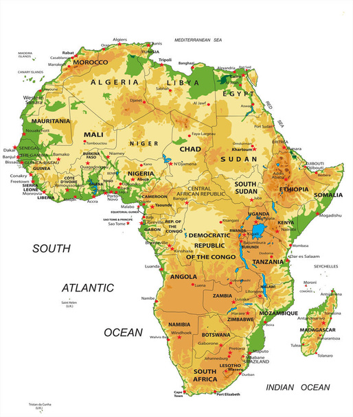 Afrika rendkívül részletes fizikai térképe kórokozó-átvivő formátumban, minden segélyformával, országgal és nagyvárossal. - Vektor, kép