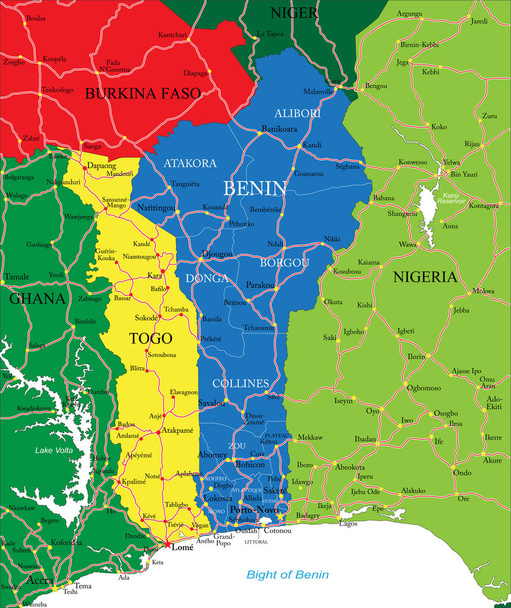 Benin rendkívül részletes vektortérképe a főbb városokkal és utakkal. - Vektor, kép