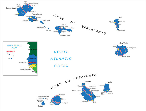 Islas de Cabo Verde mapa vectorial muy detallado con regiones administrativas, principales ciudades y carreteras
. - Vector, imagen