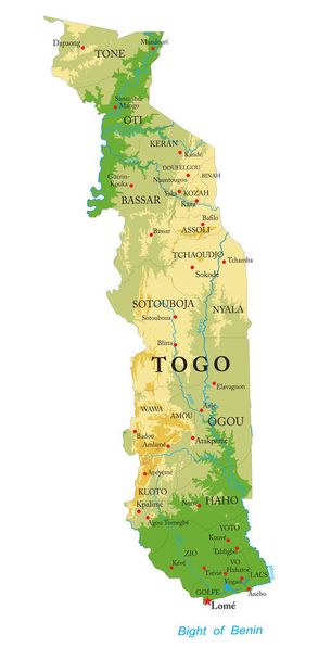 Erittäin yksityiskohtainen fyysinen kartta Togosta vektorimuotoisena kaikkine avustusmuodoineen, alueineen ja suurine kaupunkeineen. - Vektori, kuva