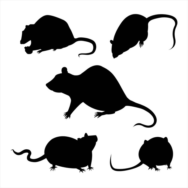 Set of rodent silhouettes. Isolated contours of mice and rats. Black outlines on a white background. Vector illustration black on white for your design - Vector, Image