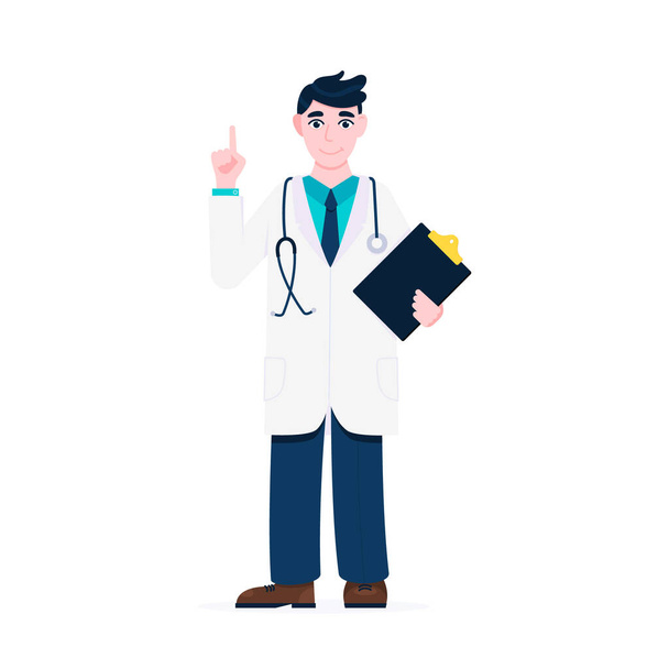 Доктор стоїть і тримає буфер обміну і стетоскоп з індексним пальцем плоский стиль дизайну Векторні ілюстрації
 - Вектор, зображення