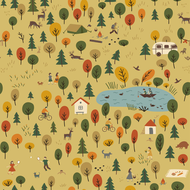 Vector seamless pattern of autumn forest landscape with wild animals and people on vacation. Can be printed and used as wrapping paper, wallpaper, textile, fabric, apparel, wallpaper, background, etc. - Διάνυσμα, εικόνα
