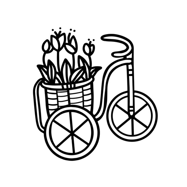 Дерев'яний декоративний двоколісний велосипед у вигляді квіткового ліжка. Тюльпани на квітці. Велосипед з квітами. Векторна ілюстрація у стилі Дудла - Вектор, зображення