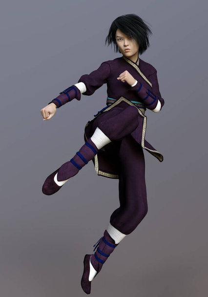 3D Rendered Young Asian Woman With Traditional Outfit, Magical Hands And In Fighting Pose - 3D Illustration - Zdjęcie, obraz
