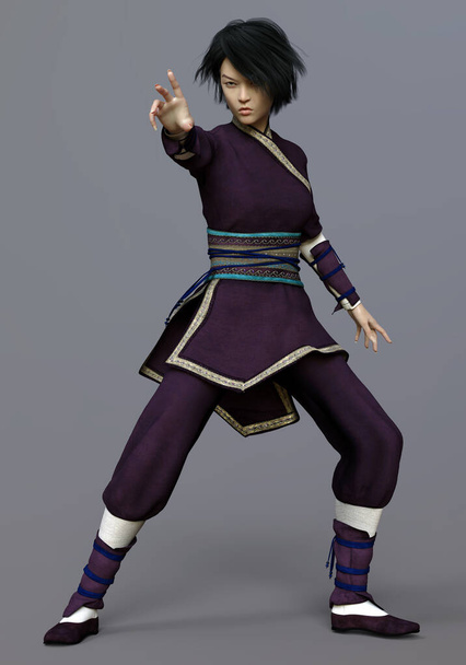 3D vykreslené mladá asijská žena s tradiční oblečení, kouzelné ruce a v bojové póze - 3D ilustrace - Fotografie, Obrázek