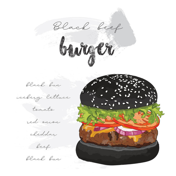 Bollo negro colorido dibujado a mano hamburguesa ingredientes receta
 - Vector, imagen