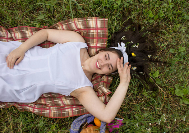 Girl in a dress on a picnic - Fotografie, Obrázek