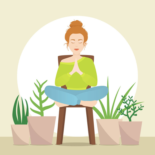 Vektor-Illustration der Meditation einer Frau in Lotus-Pose mit geschlossenen Augen  - Vektor, Bild