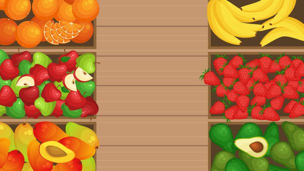 κορυφαία άποψη των διαφόρων φρούτων σε κιβώτια στην αγορά, διανυσματική απεικόνιση  - Διάνυσμα, εικόνα