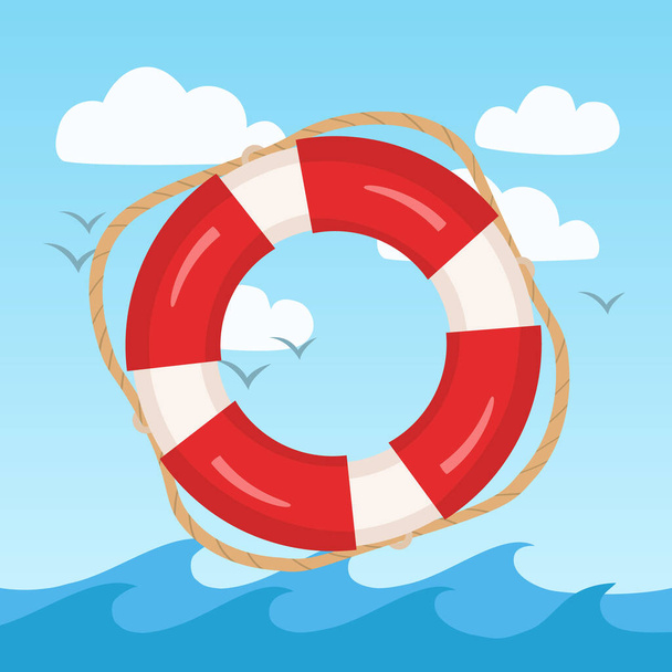 Lifebuoy with sea and sky on background, vector illustration  - Vector, Image