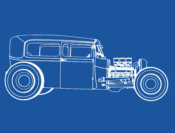 boceto de un coche blanco retro sobre un fondo azul
 - Vector, Imagen