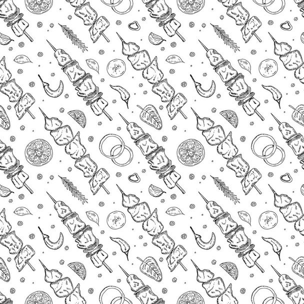 Seamless pattern with shashlik meat baked on grill on skewer on white background. Pepper, onion rings, chili pepper, cucumber, vegetable, kebab, garlic, clove ingredients. Vector hand drawn sketch - Vector, Image