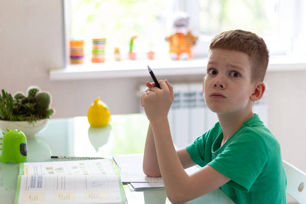 Távolsági tanulás online oktatás. Az iskolás fiú otthon tanul és házi feladatot csinál. Ülésszék oktatókönyvekkel - Fotó, kép