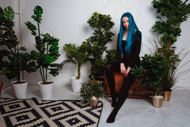 Modern woman alone in room, great design for any purposes. Beautiful blue hair girl. People lifestyle concept. Beautiful model. - Photo, Image