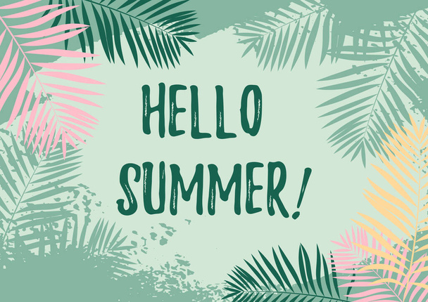 Colorful summer horizontal banner with hand drawn tropical palm trees. Hello summer text. Space for text - Vektor, obrázek