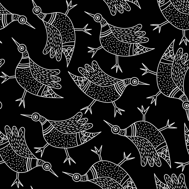 Seamless surface pattern with birds in Indian traditional tribal Gong Art style. Can be printed and used as wrapping paper, wallpaper, textile, fabric, etc. - Vector, Image