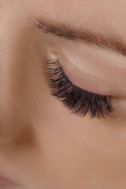Eyelash Extension Procedure. Close up view of beautiful female eye with long eyelashes, smooth healthy skin. - Foto, imagen