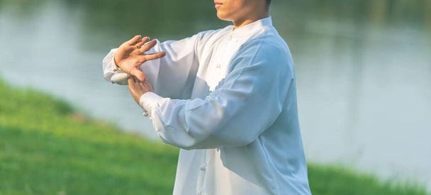 Магістр Тай Чі Чуань тримає меч, тренується Китайське бойове мистецтво. - Фото, зображення