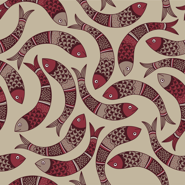 Απρόσκοπτη επιφάνεια μοτίβο με τα ψάρια στην ινδική παραδοσιακή φυλή Gong Art στυλ. Μπορεί να εκτυπωθεί και να χρησιμοποιηθεί ως χαρτί περιτυλίγματος, ταπετσαρία, ύφασμα, κλπ.. - Διάνυσμα, εικόνα