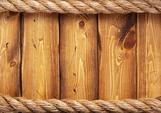 ship rope border at wooden  board background texture - Foto, Imagen