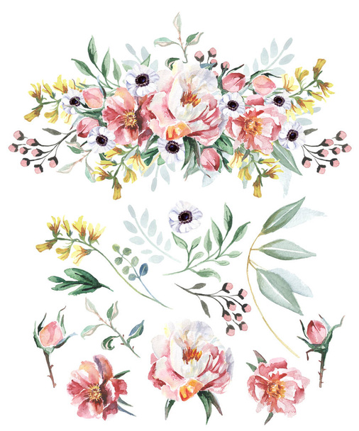 Aquarellblumen Strauß isoliert auf weißem Hintergrund. Kann als Grußkarte, Einladungskarte für die Hochzeit verwendet werden, - Foto, Bild