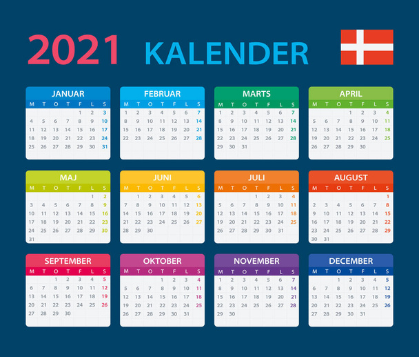 Vector template of color 2021 calendar - Danish version - Vector, imagen