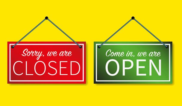 OPEN and CLOSED sign isolated on yellow background - Vector, Image