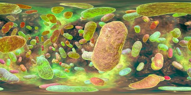 360 μοίρες πανοραμική θέα των βακτηρίων Porphyromonas gingivalis, 3D εικονογράφηση. Βακτήρια που προκαλούν περιοδοντική νόσο, βακτηριακή κολπίτιδα - Φωτογραφία, εικόνα