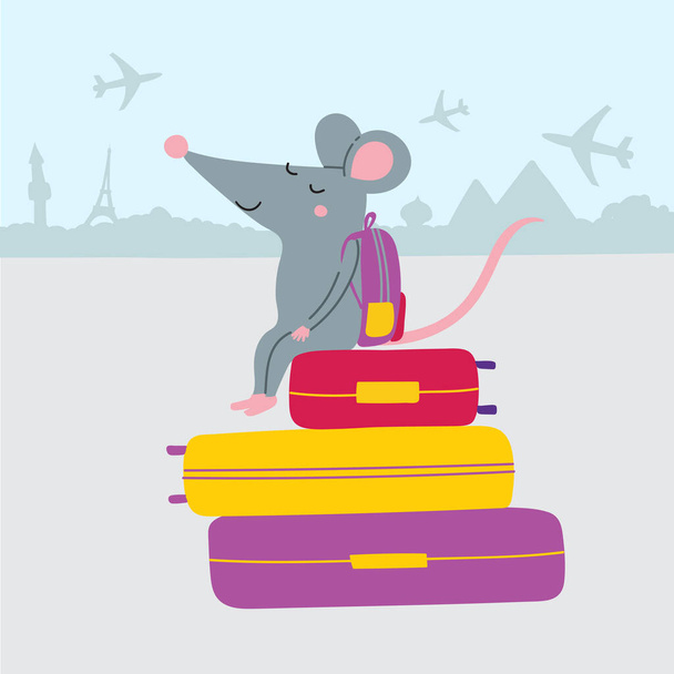 Illustrazione vettoriale di ratto seduto su valigie in colorato stile infantile. Può essere utilizzato come modello per la tua carta, cartello, poster design, saluto, invito, distintivo, adesivo, banner, libro illustrativo. - Vettoriali, immagini