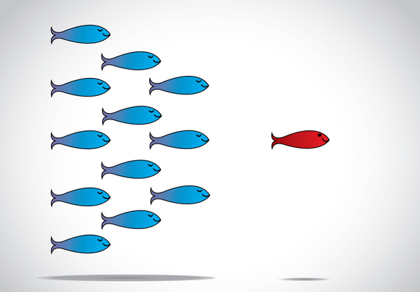 Una alerta inteligente aguda peces rojos felices con los ojos abiertos que conducen a un grupo de peces azules felices con los ojos cerrados: líder o concepto de liderazgo ilustración de diseño
 - Foto, imagen
