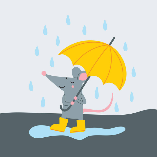 Yağmurlu günlerde şemsiyeli sarı lastik çizmeli şirin bir farenin vektör çizimi. Kart tasarımınız için şablon olarak kullanılabilir, afiş, poster, kartpostal, pankart, davetiye, çocuk resmi defteri, çıkartma, rozet. - Vektör, Görsel