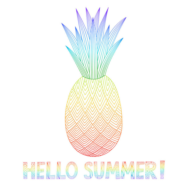 Rainbow pineapple. Doodle. Line style. Color vector illustration. Hand-drawn. Isolated on a white background with text. Bright decorative pineapples for your design. - Вектор, зображення