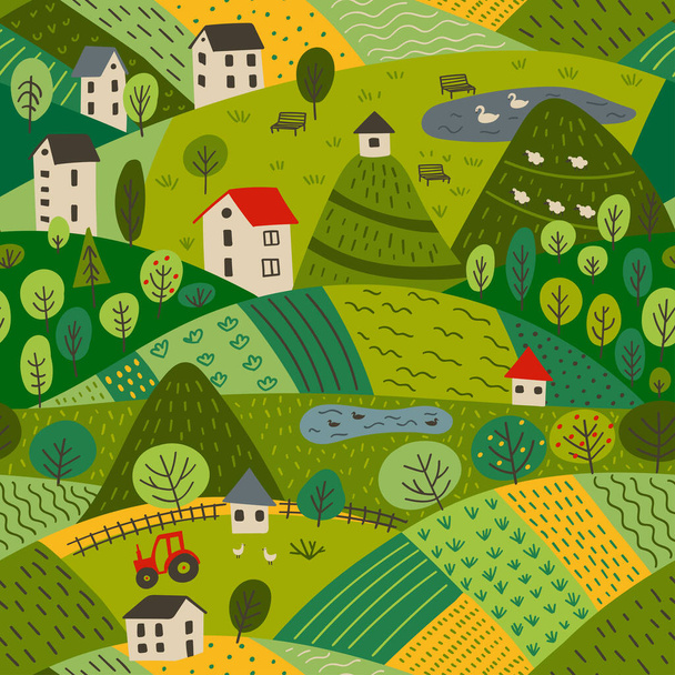 Vector seamless pattern of summer village landscape with farm and fields, mountains and forest. Can be printed and used as wrapping paper, wallpaper, textile, apparel, fabric etc. - Vektor, obrázek
