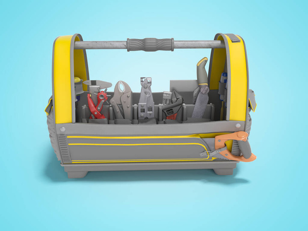 3d rendering geel met grijze accenten open tas met reparatie tools op blauwe achtergrond met schaduw - Foto, afbeelding