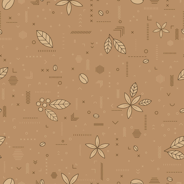 Coffe pattern with coffee beans, flowers, berries.Seamless vector illustration on a light brown background. For wrapping paper, wallpaper, fabrics, backgrounds. - Vektör, Görsel
