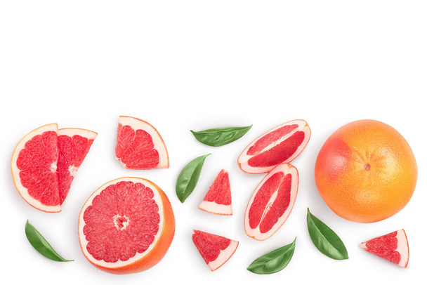 Grapefruit and slices isolated on white background. Top view with copy space for your text. Flat lay. With clipping path and full depth of field - Photo, image