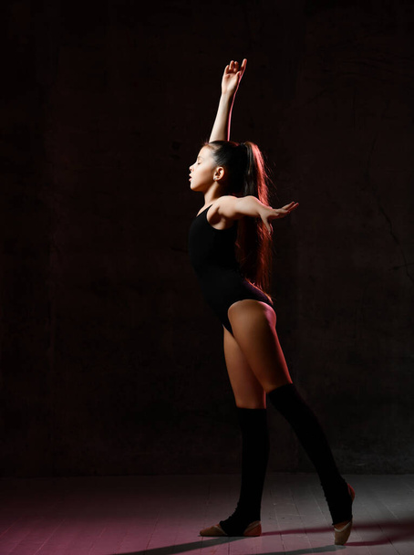 Siyah spor vücutlu genç bir jimnastikçi kız ve ayakta duran ve siyah arka planda jimnastik yapan özel jimnastikçiler. - Fotoğraf, Görsel